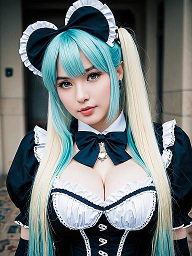 Gothic Lolita Maid Woman with Blonde and Turquoise Hair