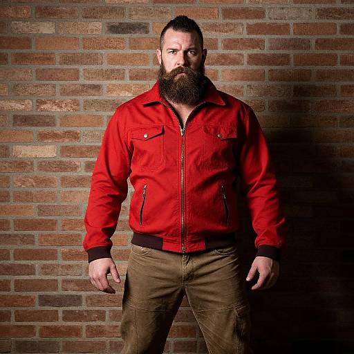 Bearded Man in Red Jacket Standing Against Brick Wall