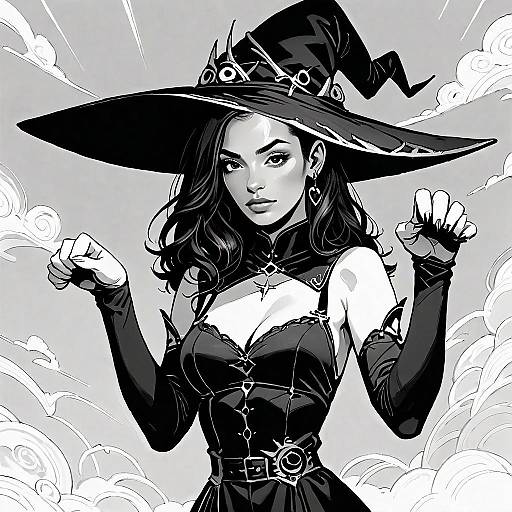 Confident Gothic Witch Woman in Black and White Digital Art
