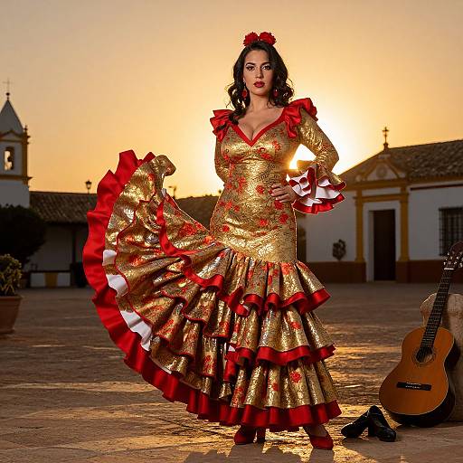 Traditional Spanish Flamenco Dancer in Gold and Red Dress at Sunset