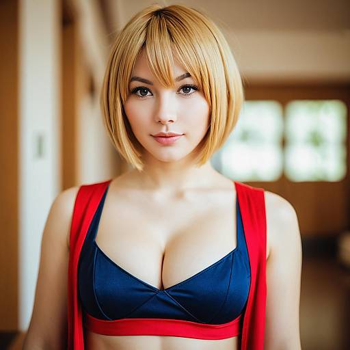 Portrait of Woman with Blonde Bob Haircut in Sporty Navy and Red Top