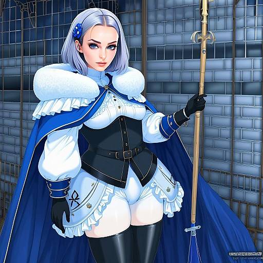 Anime Woman in Blue Medieval Outfit Holding Staff at Akershus Fortress