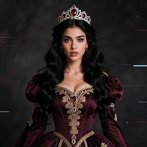 Elegant Woman in Burgundy Royal Gown with Jeweled Tiara