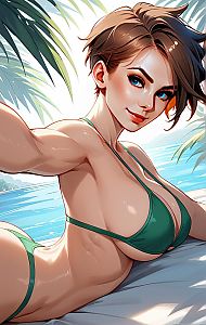Digital Art Woman in Green Bikini Taking Selfie at Tropical Beach