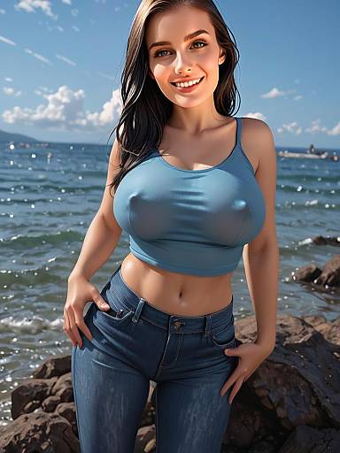 Smiling Woman in Blue Crop Top and Jeans by the Sea