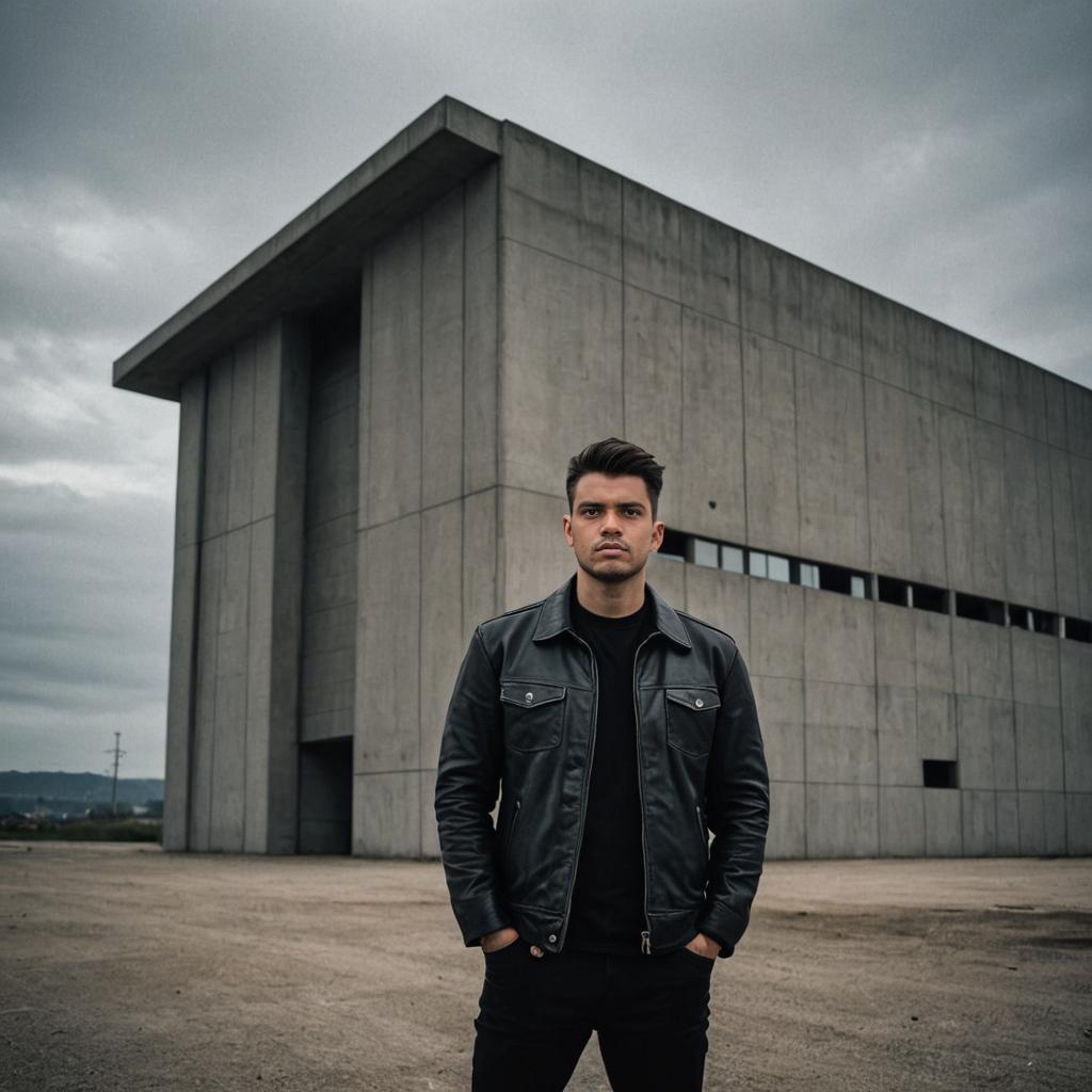 Confident Man in Leather Jacket by Concrete Structure