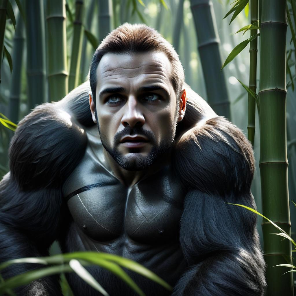 Muscular Man with Gorilla Fur in Bamboo Forest