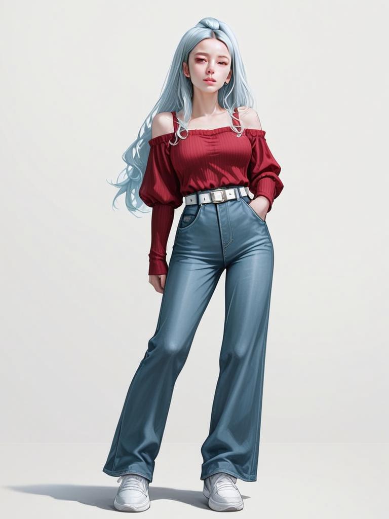 Realistic Full Body Shot of Woman in Casual Chic Red Off-Shoulder Top and Blue Jeans