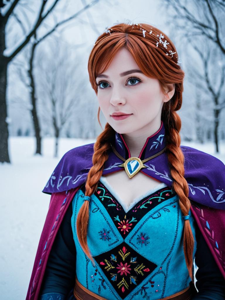 Woman in Snowy Forest with Blue Dress and Purple Cape