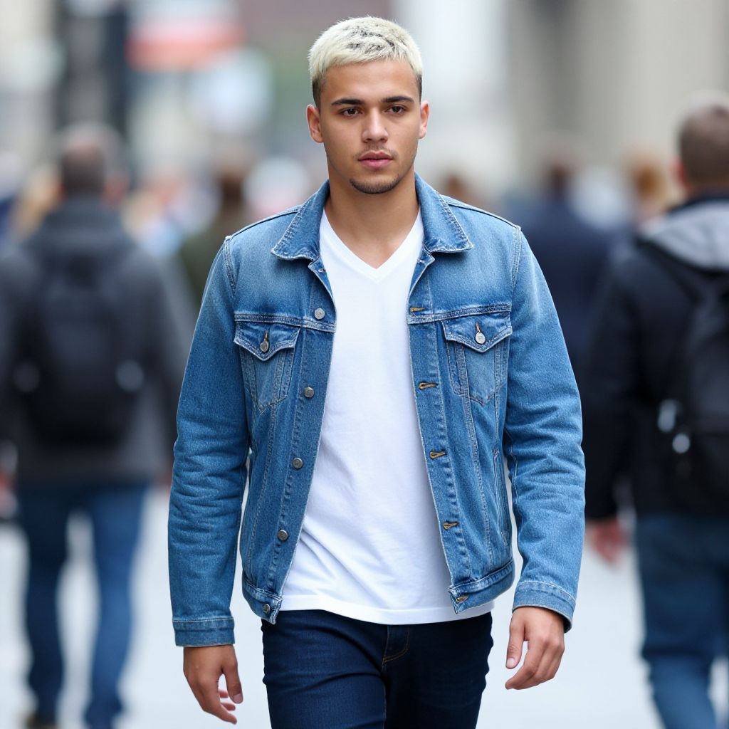 Young Man Wearing Blue Denim Jacket Walking in City Street