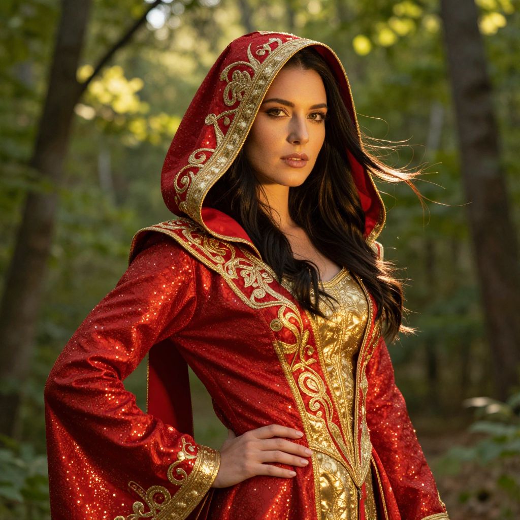 Woman in Red and Gold Medieval Hooded Robe in Forest