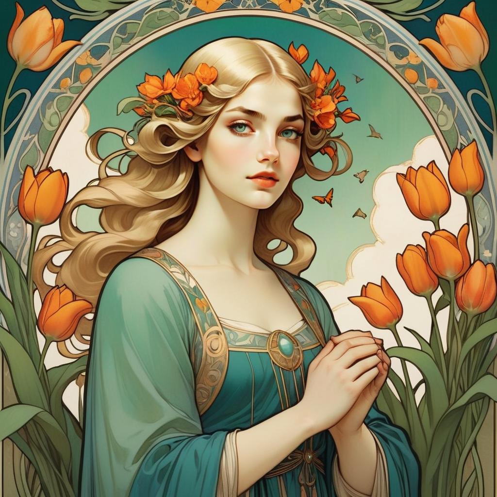 Art Nouveau Style Portrait of Woman with Orange Tulips and Floral Motifs