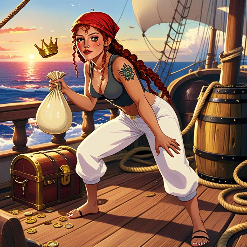 Pirate Woman with Treasure on Ship Deck at Sunset Digital Artwork