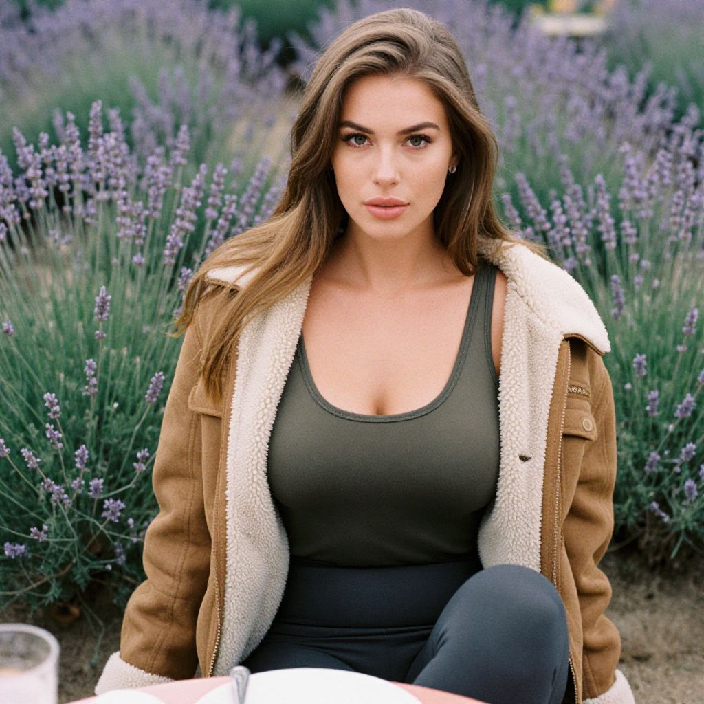 Young Woman Sitting Outdoors with Lavender Flowers in Casual Shearling Jacket