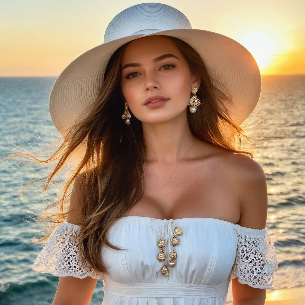 Elegant Woman in White Dress and Hat at Ocean Sunset