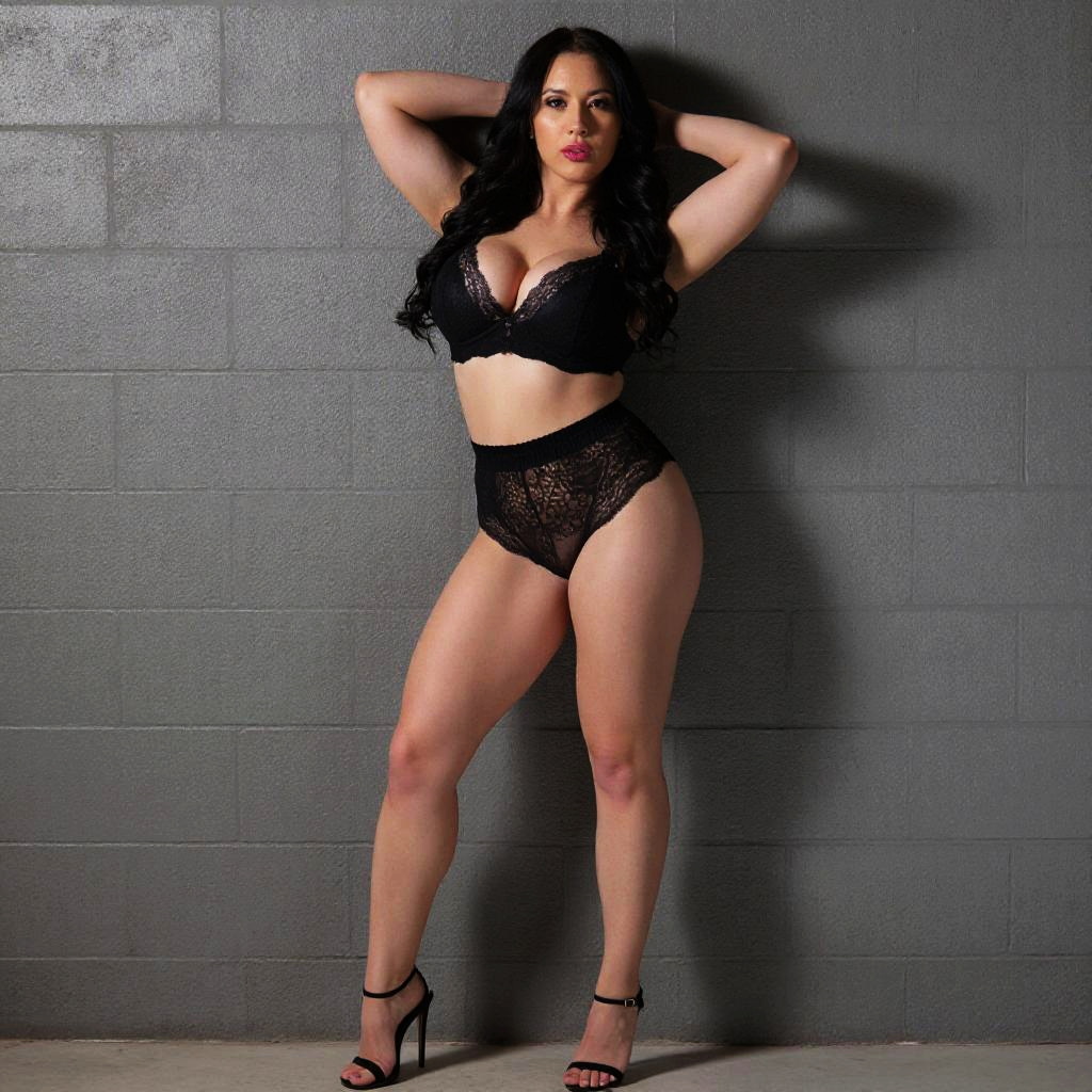 Confident Woman in Black Lace Lingerie Posing Against Gray Wall