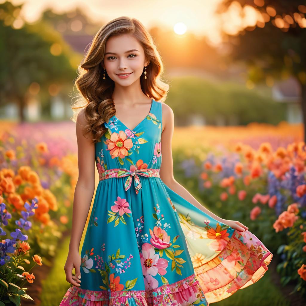 Young woman in floral dress in flower field at sunset