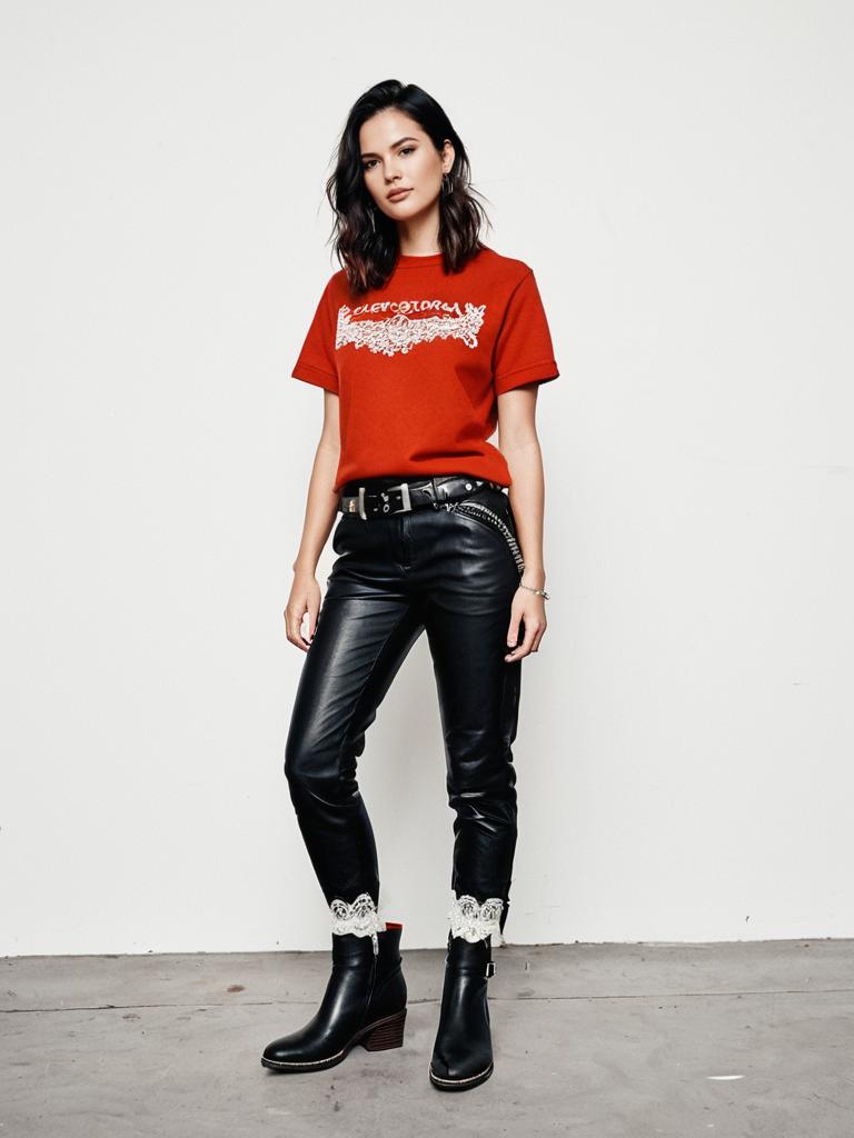 Woman in Red Graphic T-Shirt and Black Leather Pants with Lace Cuffs