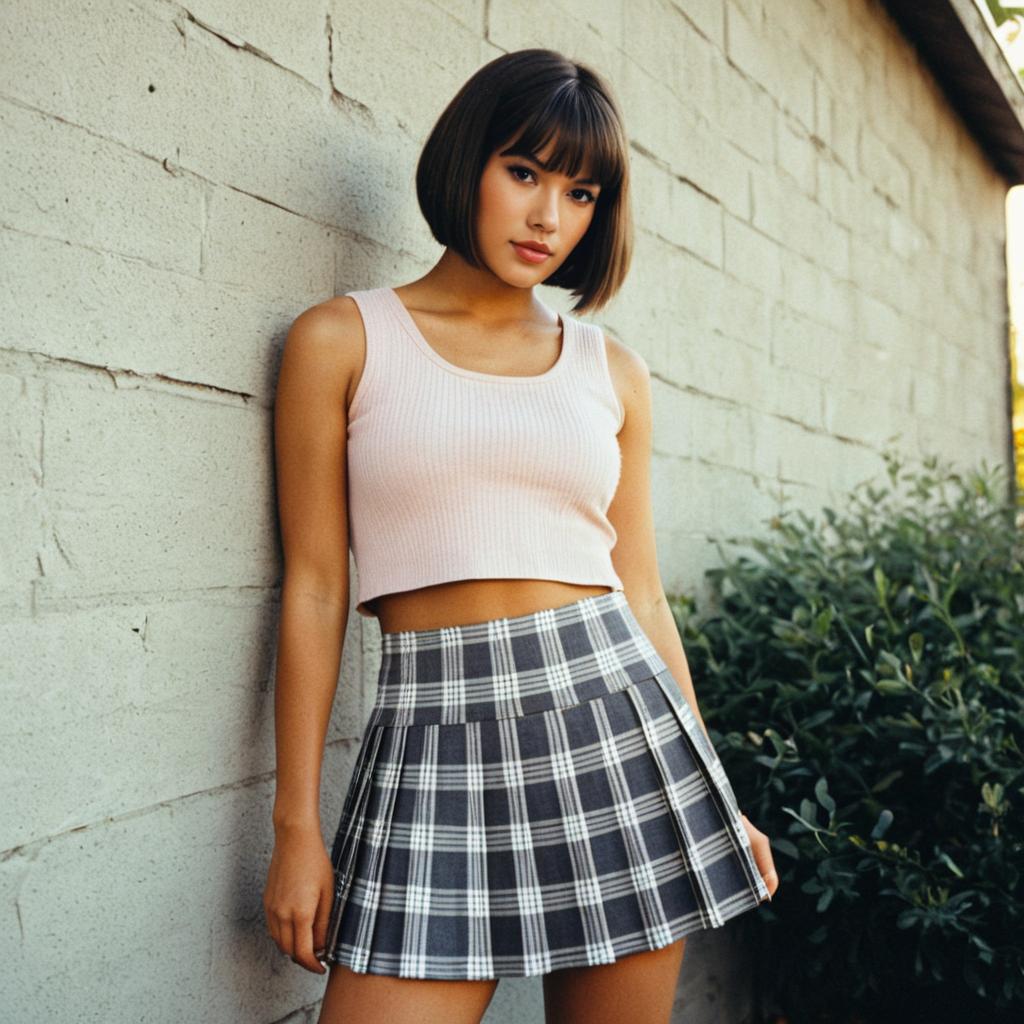 Young Woman in Casual Urban Outfit with Plaid Skirt and Crop Top