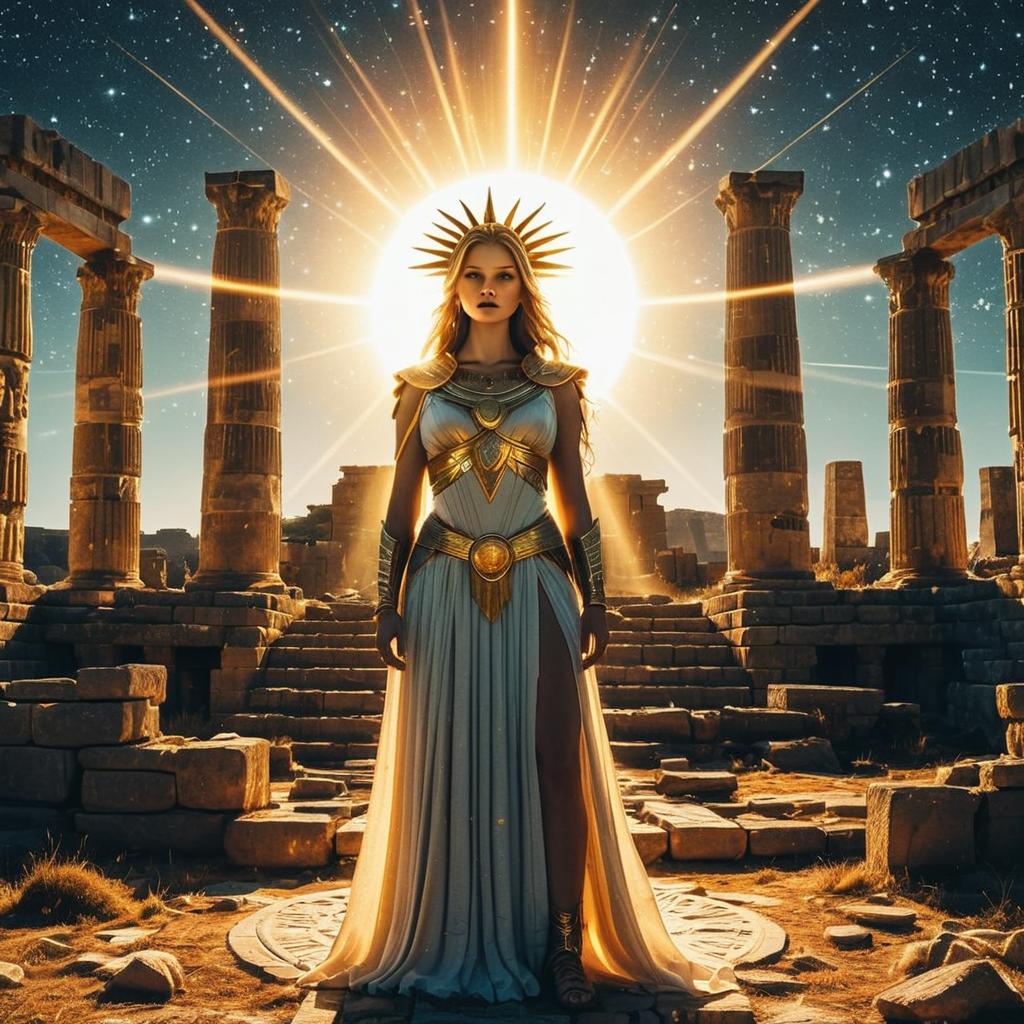 Goddess in Ancient Greek Armor with Sun Halo Among Ruins