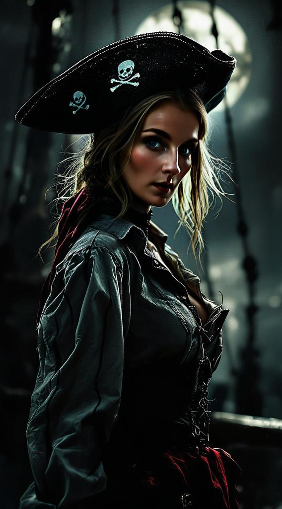 Pirate Woman Portrait with Moonlit Background Pirate Woman Portrait with Moonlit Background