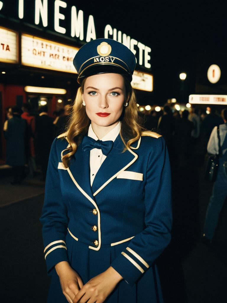 Vintage Woman in Cinema Usherette Costume Night Portrait
