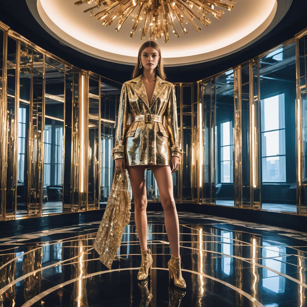 Stylish Woman in Gold Blazer Dress