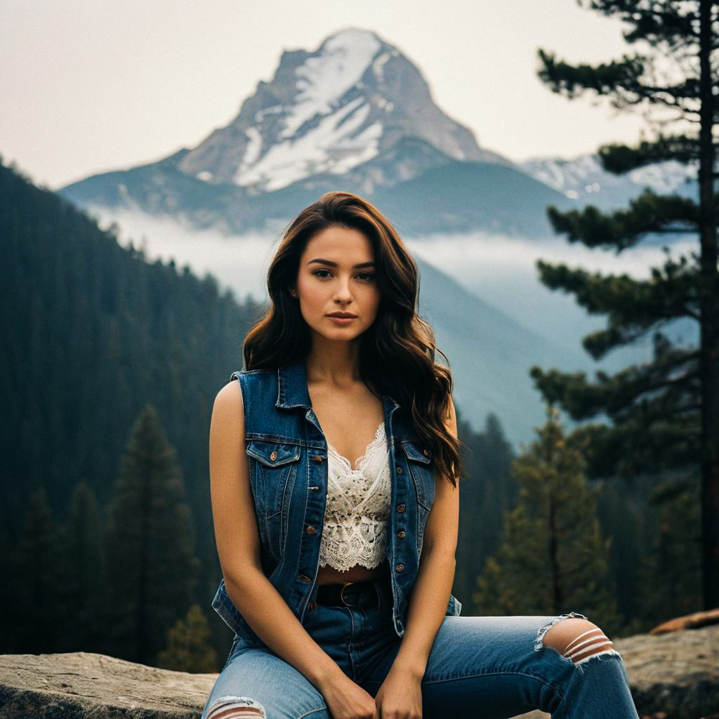 Young Woman in Denim Vest Against Mountain Backdrop Young Woman in Denim Vest Against Mountain Backdrop