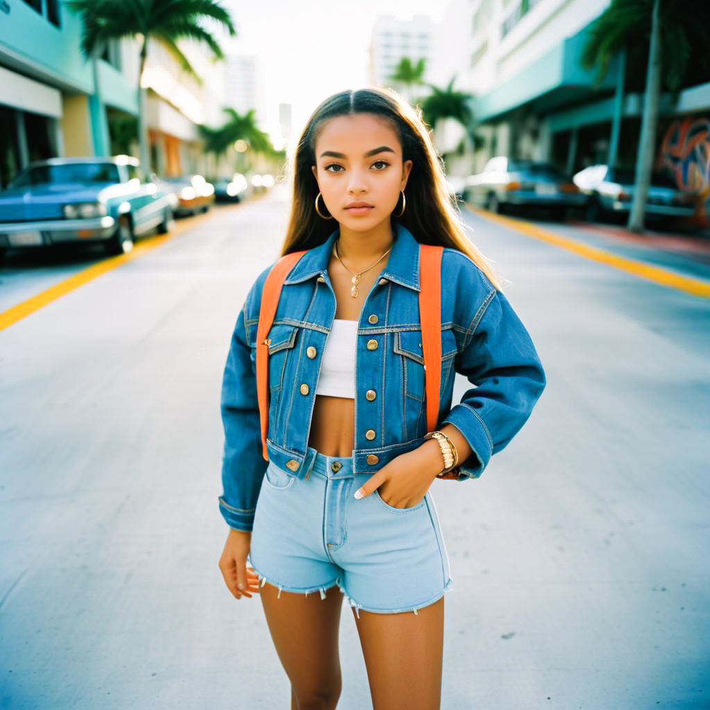 Fashionable Young Woman in Sunlit Urban Street