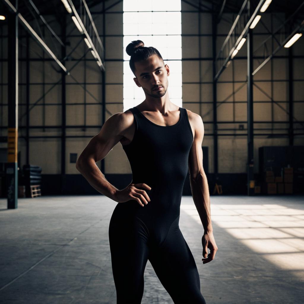 Man in Black Bodysuit Posing in Industrial Warehouse