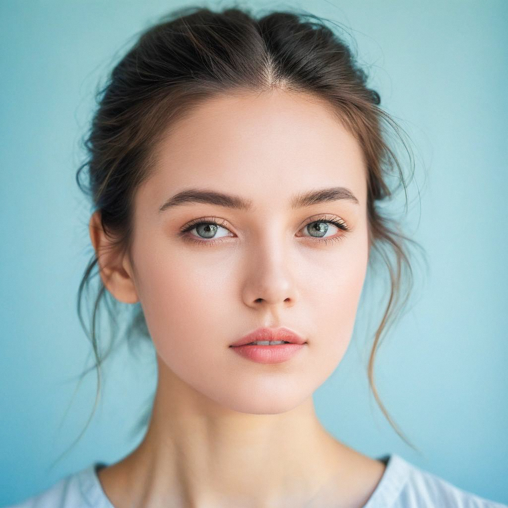 Close-up portrait of a young woman with blue eyes