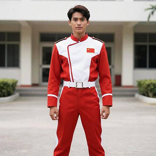 Man in Red and White Pinoy Heroes Costume Standing Outdoors