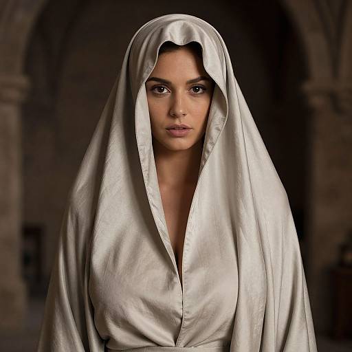 Portrait of Woman in Modest Light Beige Draped Fabric with Stone Arch Background