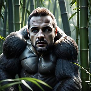 Muscular Man with Gorilla Fur in Bamboo Forest