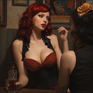 Flirting Woman with Red Hair and Vintage Style Corset Holding Bottle
