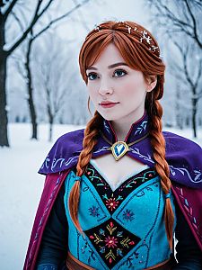 Woman in Snowy Forest with Blue Dress and Purple Cape