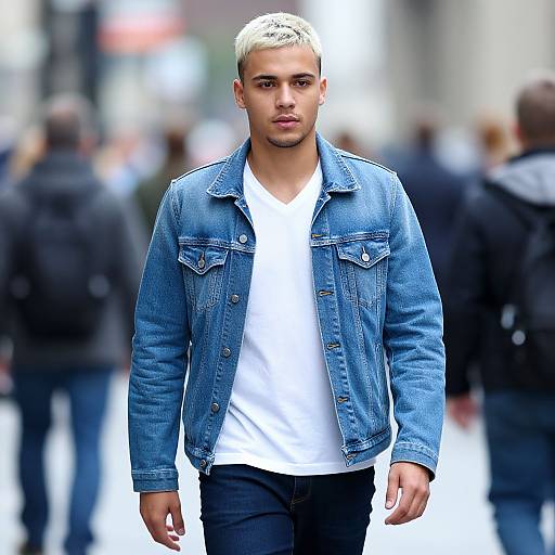 Young Man Wearing Blue Denim Jacket Walking in City Street
