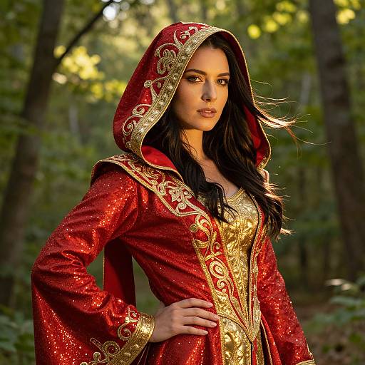 Woman in Red and Gold Medieval Hooded Robe in Forest