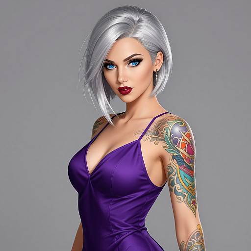 Silver-Haired Woman with Blue Eyes and Colorful Tattoo in Purple Dress