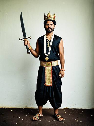 Man in Traditional Onam Costume Holding Sword with Crown and Jewelry