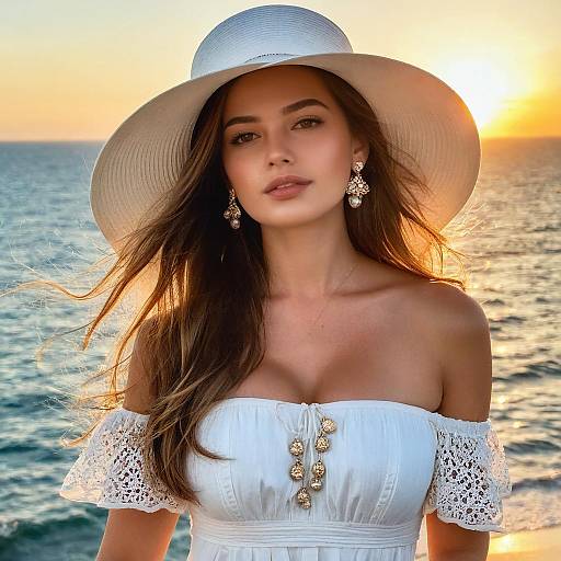 Elegant Woman in White Dress and Hat at Ocean Sunset