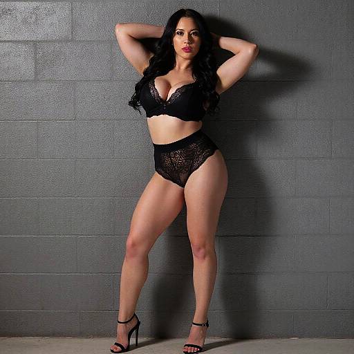 Confident Woman in Black Lace Lingerie Posing Against Gray Wall