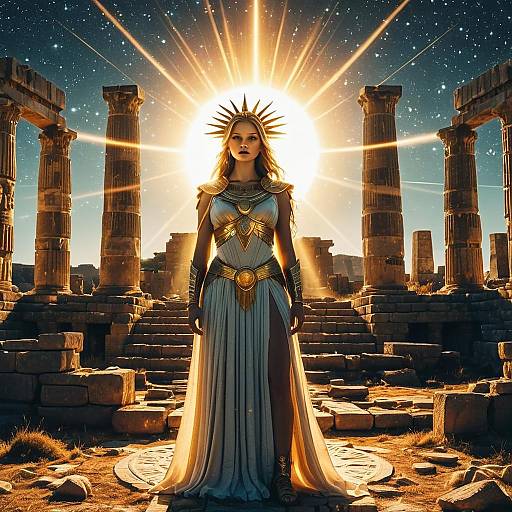 Goddess in Ancient Greek Armor with Sun Halo Among Ruins