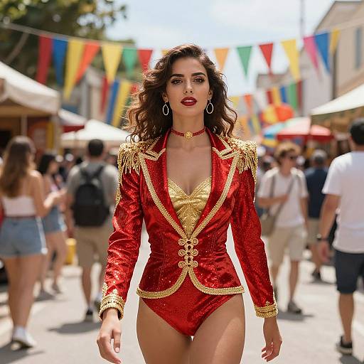 Woman in Red and Gold Circus Style Costume Walking on Festive Street