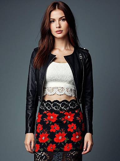 Young Woman in Black Leather Jacket and Floral Skirt Fashion Portrait