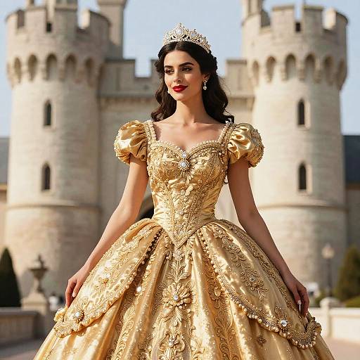 Woman in Opulent Golden Princess Ball Gown with Tiara at Castle
