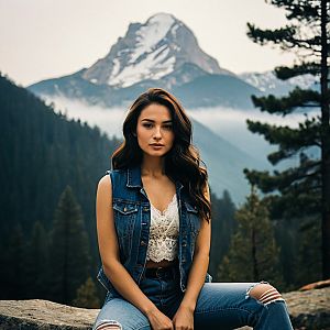Young Woman in Denim Vest Against Mountain Backdrop