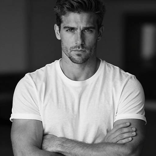 Confident Young Man in White T-Shirt Black and White Portrait