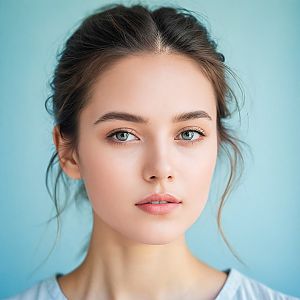 Close-up portrait of a young woman with blue eyes