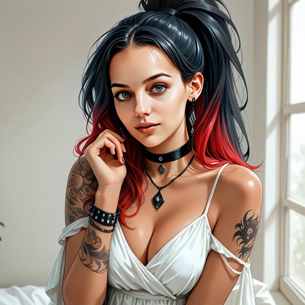 Stylish Young Woman with Black and Red High Ponytail